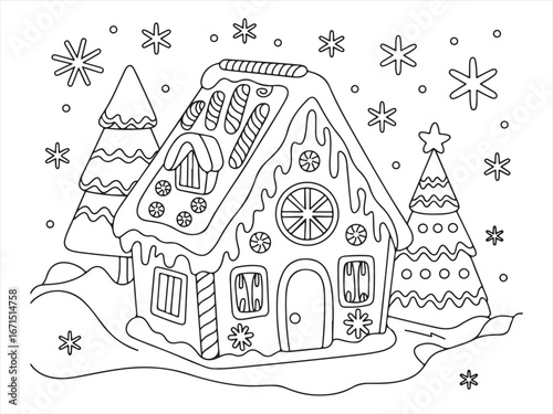 Christmas Gingerbread House with Snowflakes and Trees – Playful Winter Scene for Kids