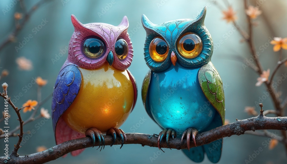 Obraz premium two colorful glass owls, blurred background