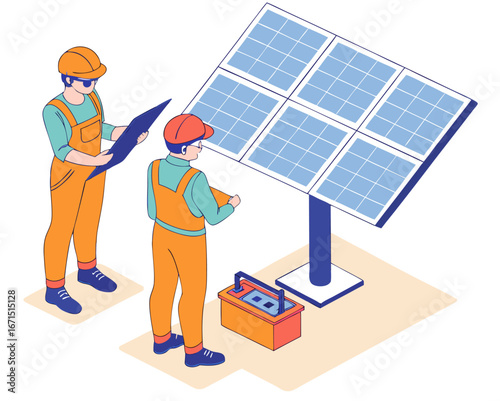 Electrical engineer and technician performing solar panel inspection and maintenance at large-scale solar power plant, isometric isolated illustration with digital tools.