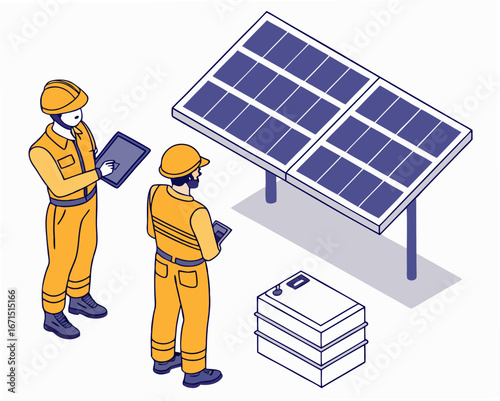 Engineer and worker in isometric view inspecting solar photovoltaic panels, performing maintenance tasks with tablet monitoring at industrial solar power facility.