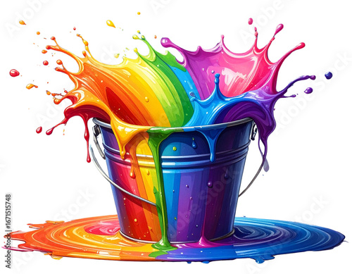 Cartoon Paint Bucket Tool Icon with Color Splash, Transparent PNG