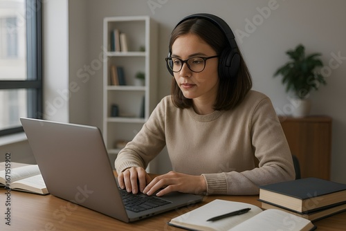A student attending online class with headphones and laptop, books around desk, sharp modern interior, ultra realistic clarity, cinematic clean render, noise free education concept