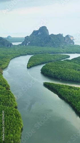 Aerial view of Phang Nga bay with mangroves forest mountains in Thailand