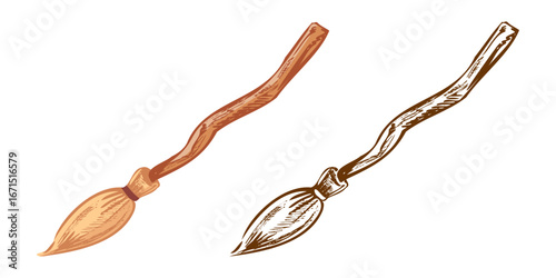 Hand drawn vintage sketch of witch broom with wooden handle and straw bristles, colored and monochrome spooky halloween illustration