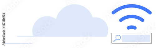 Cloud icon beside wireless signal and search bar, representing digital connection, internet tools, data access. Ideal for technology, cloud computing, innovation, search optimization, networking