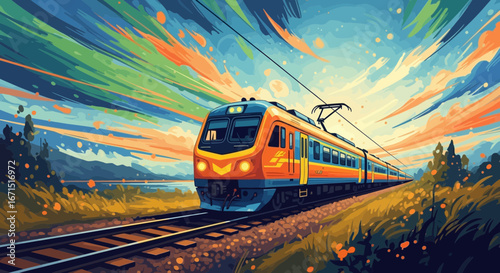A vibrant, colorful illustration of a modern passenger train traveling through a scenic landscape at sunset.