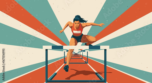 Dynamic graphic illustration of a female athlete competing in a hurdles race on a track with a retro-style background.