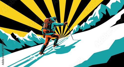 Graphic illustration of a mountaineer climbing a snowy peak against a dramatic sunburst sky.