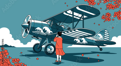 An illustration of a woman in a red dress admiring a vintage biplane decorated with Japanese wave patterns, surrounded by cherry blossoms.