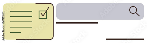 Search bar with magnifying glass icon and checklist with checkmark and lines. Ideal for organization, task management, online research, efficiency, goal tracking, productivity, simple flat metaphor