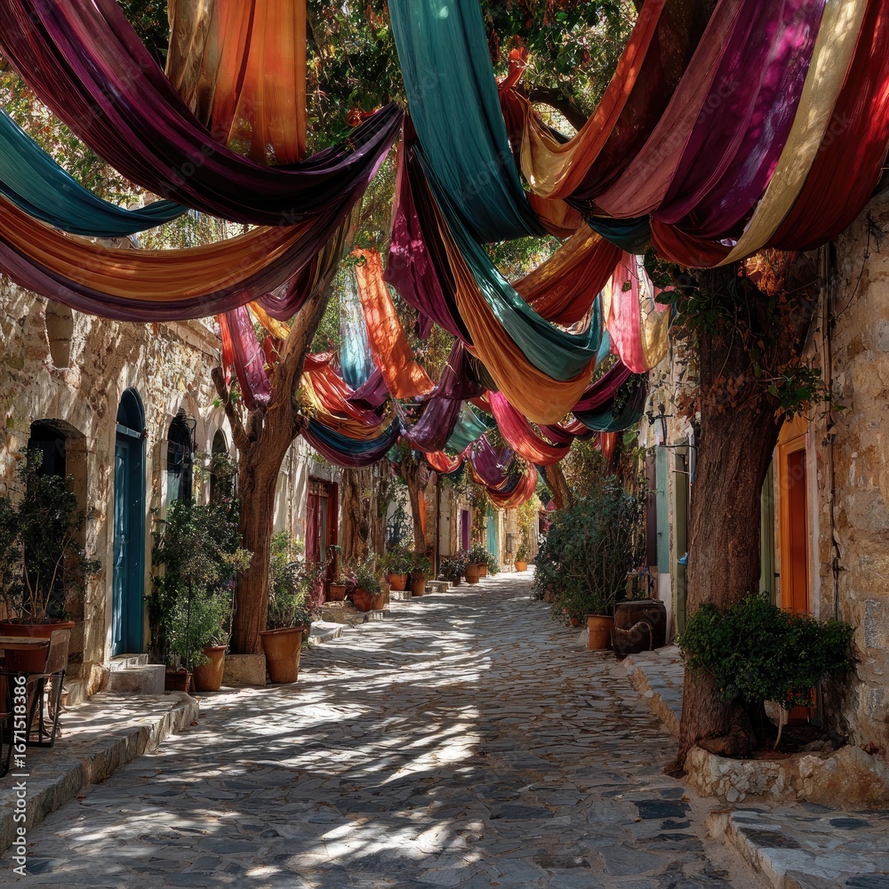 Fototapeta premium Colorful fabrics drape a sun-drenched alleyway lined with stone buildings