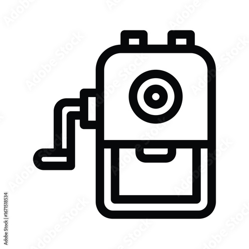 A black and white line art illustration of a manual pencil sharpener including a crank and receptacle. Editable stroke. Vector illustration