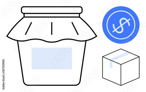 Jar with neat wrapping, cardboard shipping box, and a dollar icon. Ideal for e-commerce, product branding, packaging, business, shipping logistics pricing strategies and entrepreneurship. Simple