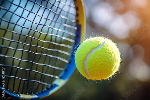 Tennis racket and ball on green court for sport and game equipment