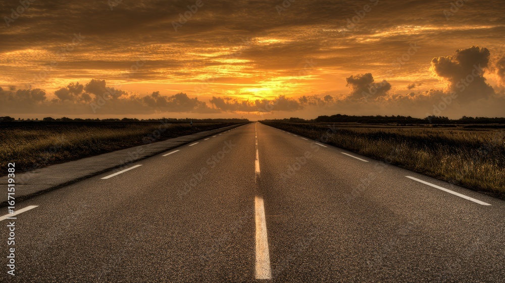 Naklejka premium Stretches of Highway Lead Into a Tranquil Sunset Over an Open Landscape