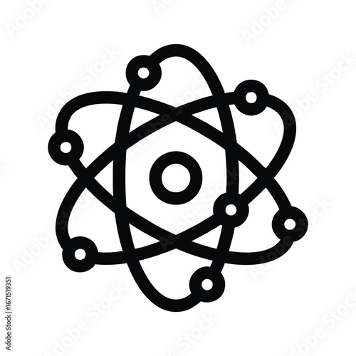 Blackoutlined atom drawing with electrons orbiting a central nucleus. Editable stroke. Vector illustration