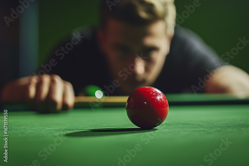 Young man playing pool on a green snooker table with cue stick and balls during a game in a pub setting