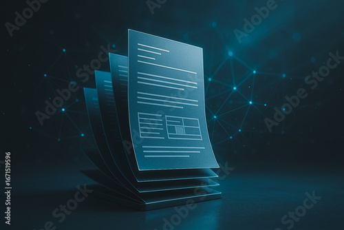 Data Analytics and Digital Documents: A stack of digital documents, with a glowing interface and digital network connections, representing the flow of information.