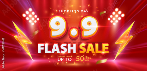 9.9 discount shopping Day flash sale promotion banner. Online shopping, discount campaign, limited time offers, special Offer coupon, voucher, banner template, websites, social media advertising.