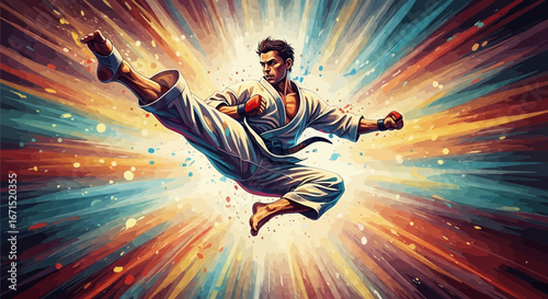 A powerful martial artist in a white gi and black belt executes a dynamic flying kick against a vibrant, explosive background.