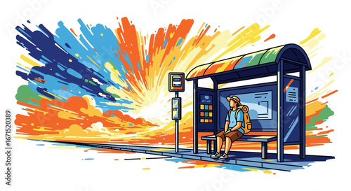 A traveler with a backpack sits at a bus stop, waiting for a ride against a vibrant, colorful, and explosive sunrise.