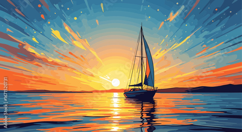 A lone sailboat glides across calm waters during a vibrant, colorful sunset in a stylized, painterly illustration.