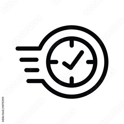 A stylized clock shows a checkmark instead of hands with horizontal lines indicating movement on a white backdrop. Editable stroke. Vector illustration