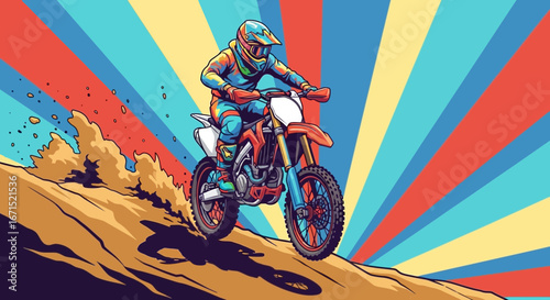 A motocross rider in full gear races up a dirt hill against a vibrant, colorful retro-style sunburst background.