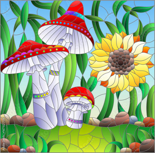 A stained glass window illustration with mushrooms and a flower on a meadow and sky background