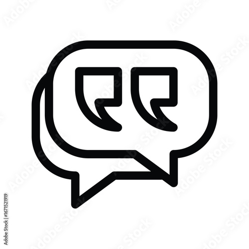 Black outline of two speech bubbles stacked the larger one containing two quotation marks. Editable stroke. Vector illustration