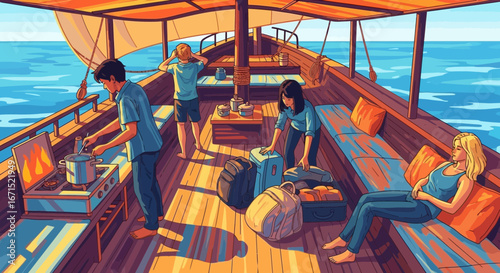 Illustration of a group of friends on a sunny boat trip, cooking and relaxing on deck.