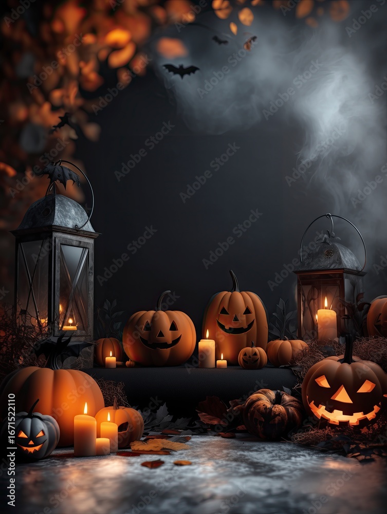 Naklejka premium Halloween pumpkins with lanterns and candles