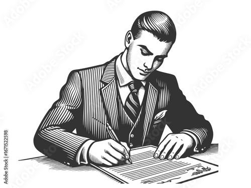 man in a striped suit concentrating while writing on an official document with a pen sketch engraving generative ai fictional character vector illustration. Scratch board imitation. Black and white.