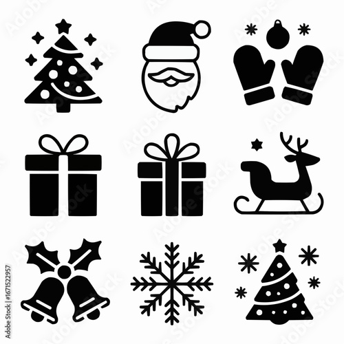 Festive Christmas Icon Set: A collection of symbolic illustrations captures the essence of the holiday season, from ornate Christmas trees to gift boxes.