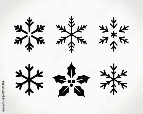Snowflake Embellishments: A curated collection of six distinct black snowflake designs, each radiating their unique frosty charm. Perfect for adding a touch of winter wonder and festive cheer. 