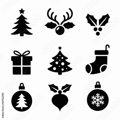 Festive Black Icon Collection: A selection of nine Christmas-themed icons presented in a monochrome style, including elements like the Christmas tree, ornaments, gift boxes, and other holiday symbols.