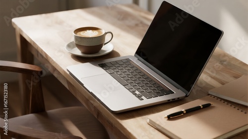 Картината върху платно Minimalist flat lay of laptop, coffee cup with latte art, and notebook on wooden desk
