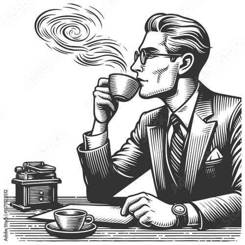 man in glasses and suit enjoying a steaming cup of coffee at a desk sketch engraving generative ai fictional character vector illustration. Scratch board imitation. Black and white image.