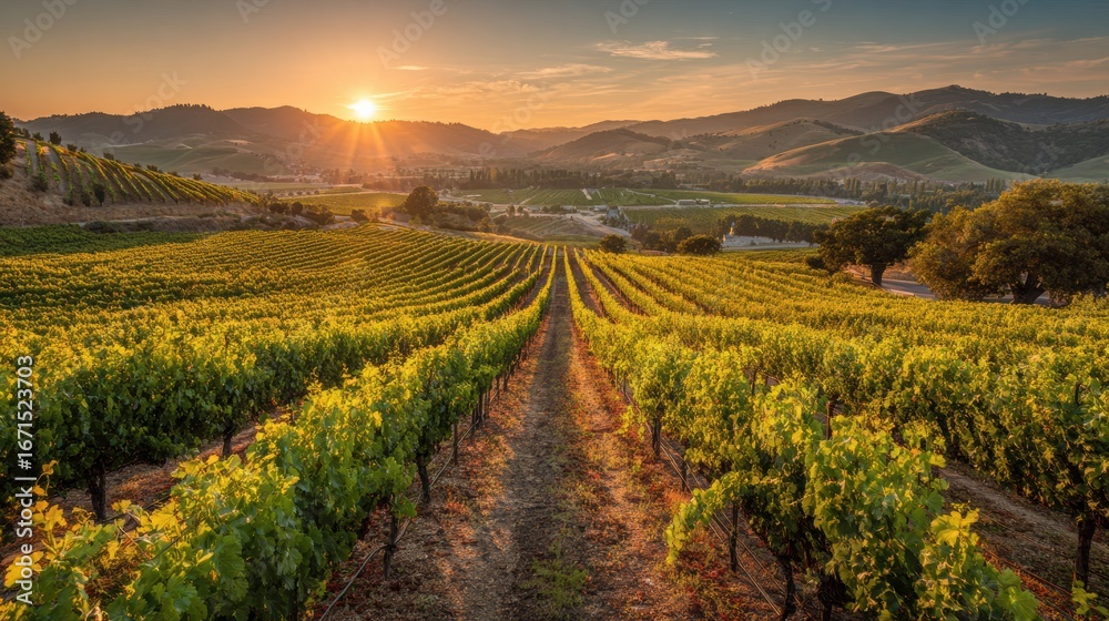 Naklejka premium Vineyard Landscape at Sunset With Rows of Grapevines and Mountains in the Background
