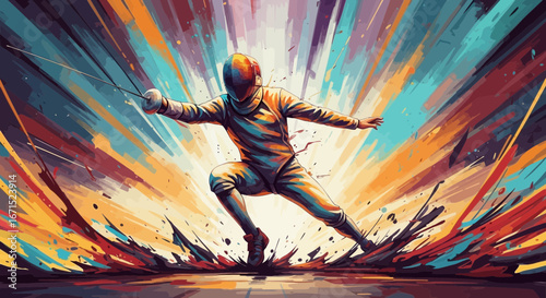 An expressive, artistic illustration of a fencer in action, surrounded by vibrant, abstract colors and explosive energy.