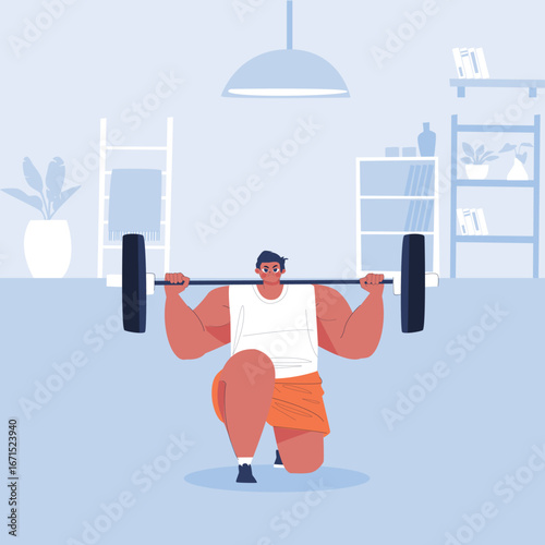 Man Kneeling and Lifting Barbell in Home Gym