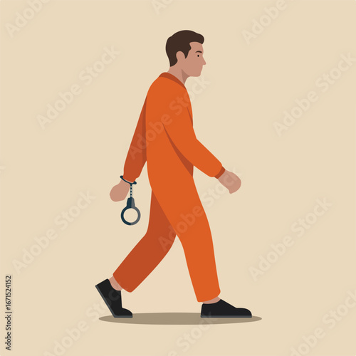 A prisoner in orange uniform walking with handcuffs in hand