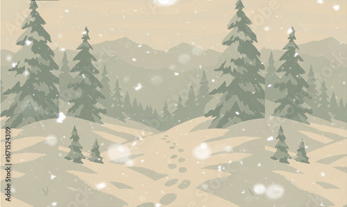 Tranquil Winter Path with Footprints and Snow-Covered Pines, winter, snow, tree, vector, illustration, nature