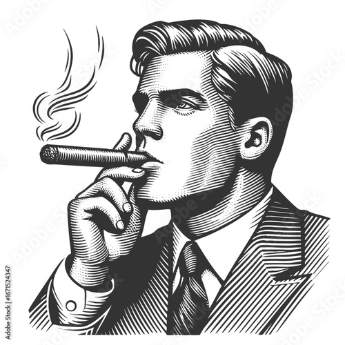 man in a suit smoking a cigar, symbolizing confidence and power sketch engraving generative ai fictional character vector illustration. Scratch board imitation. Black and white image.