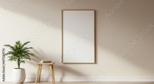 Minimalist Interior with Empty Frame and Plant in a Bright Room