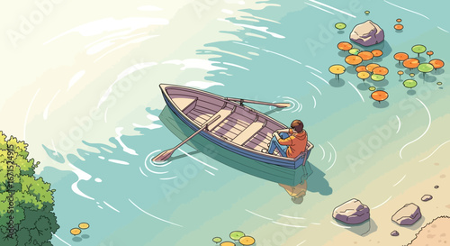 An illustration of a person rowing a small boat on a calm, sunlit lake near a shore with rocks and lily pads, evoking a sense of peace and solitude.