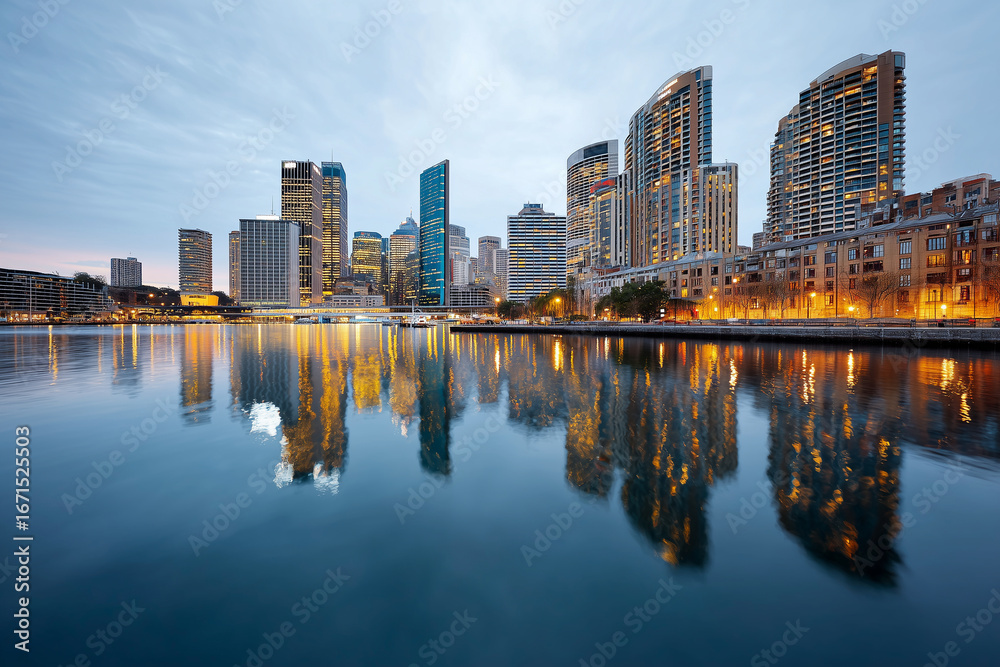 Fototapeta premium Close up, City skyline reflected in calm river at dusk