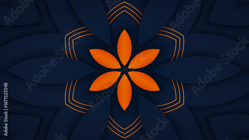 Elegant dark blue background with orange glowing flower ornament and symmetrical luxury geometric floral mandala pattern