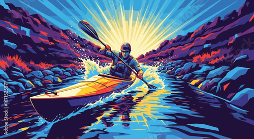 A vibrant illustration of a kayaker paddling down a river canyon towards a brilliant sunburst.
