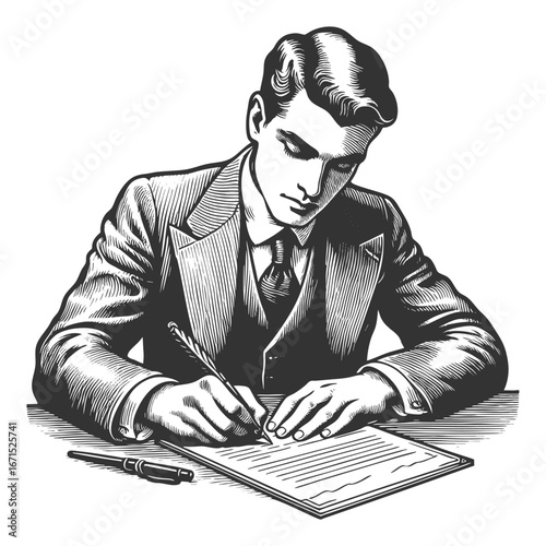 man in a suit concentrating while writing with a pen on a sheet of paper sketch engraving generative ai fictional character vector illustration. Scratch board imitation. Black and white image.